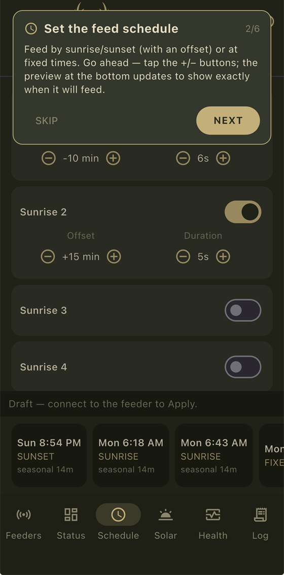Feed schedule screen, sunrise and sunset offsets with feed durations