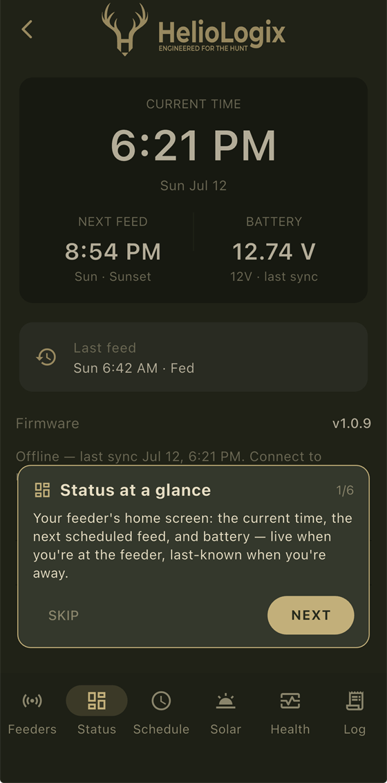 HelioTimer Pro Status screen, current time, next scheduled feed and battery voltage